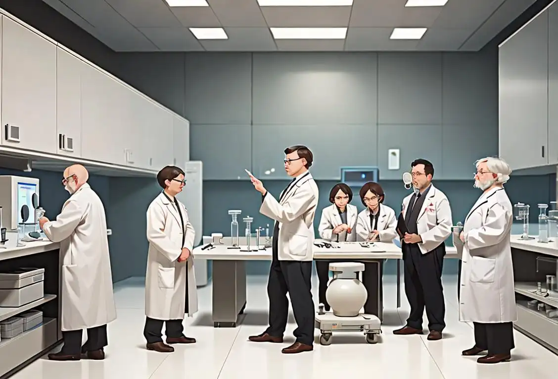A group of diverse people, wearing lab coats, standing around a kilogram weight, conducting a science experiment in a modern laboratory..