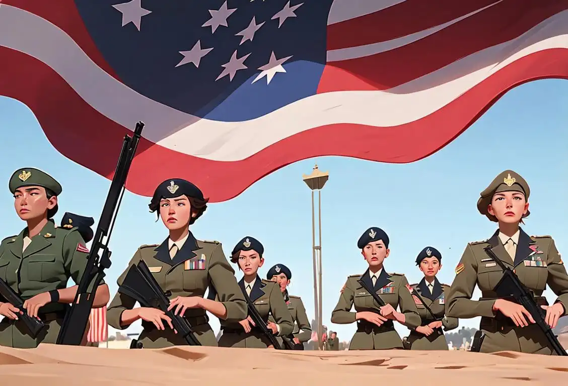 A diverse group of men and women in military uniforms, representing unity and strength, against a backdrop of the American flag..