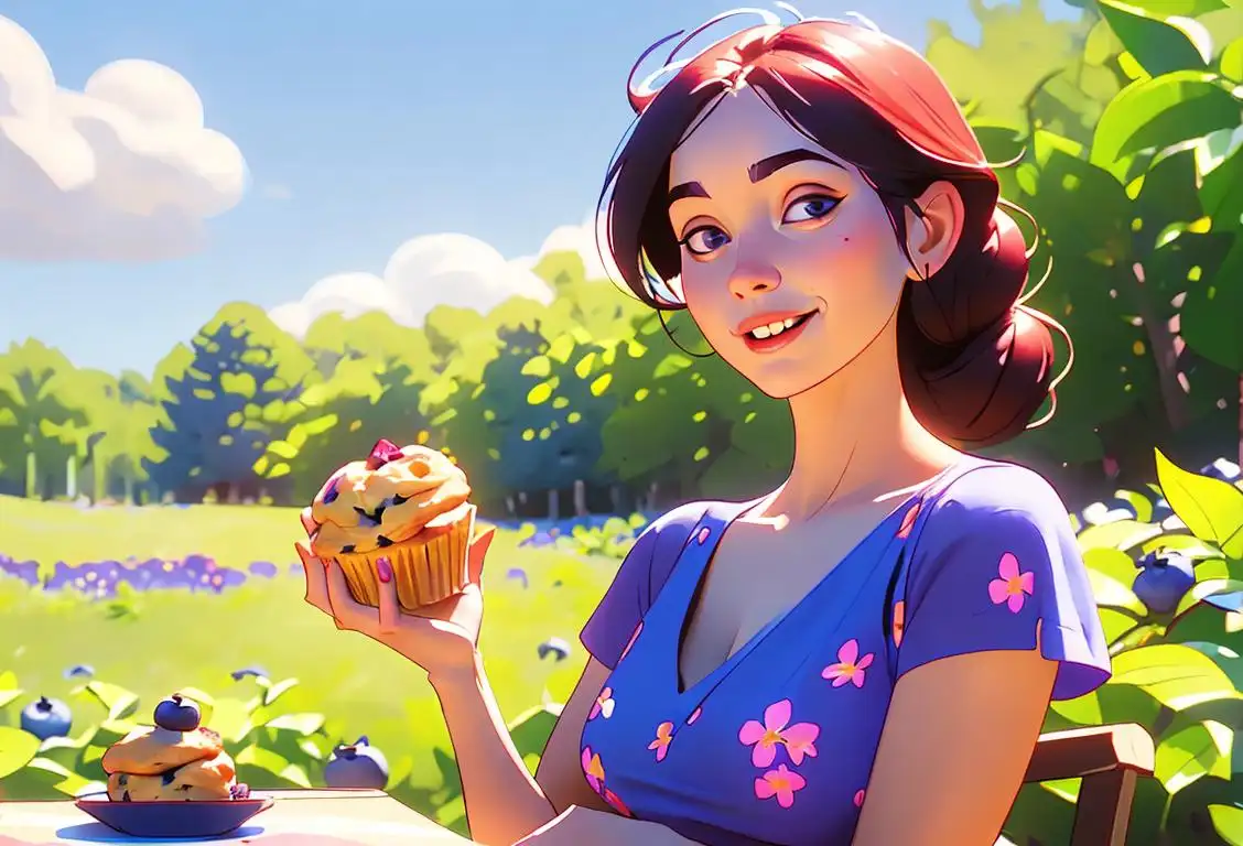Young woman joyfully holding a blueberry muffin, wearing a floral sundress, picnic in a sunny blueberry patch..
