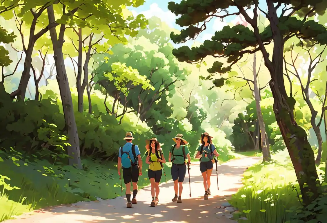 A group of diverse hikers walking along a serene trail, dressed in modern outdoor clothing, surrounded by lush greenery..