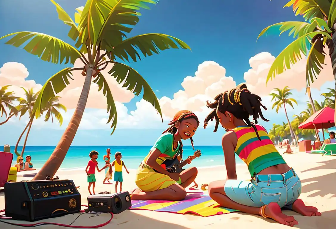 Young people playing reggae music instruments on a tropical beach, wearing colorful clothes, surrounded by palm trees and happy crowd..