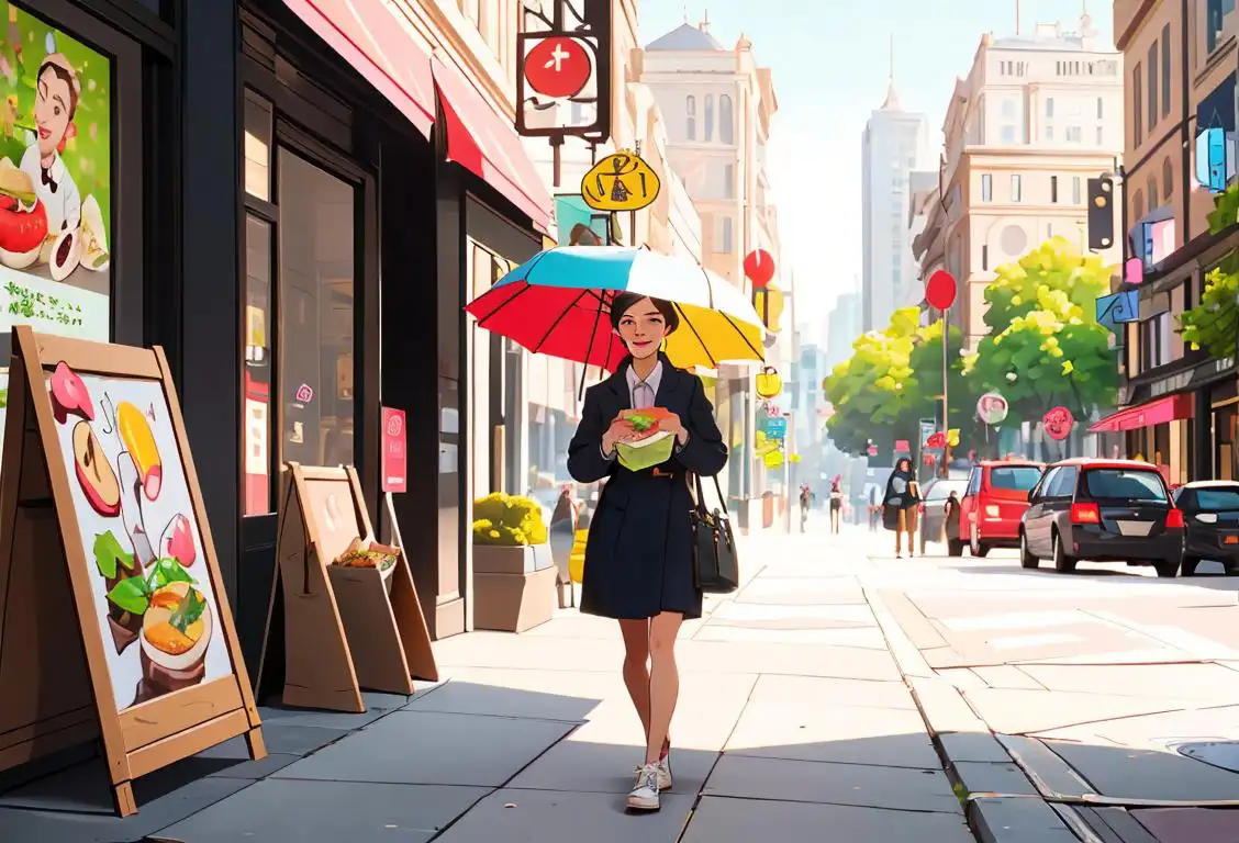 A cheerful individual carrying a stylish lunch bag, dressed in trendy attire, walking through a bustling city street with lunch options in the background..