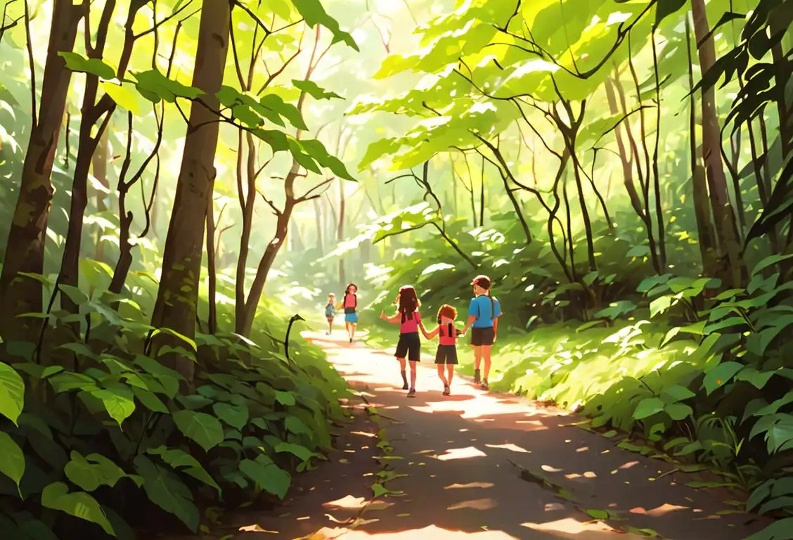 Families exploring a lush forest, wearing bright colored hiking gear, capturing the beauty of nature through their cameras..