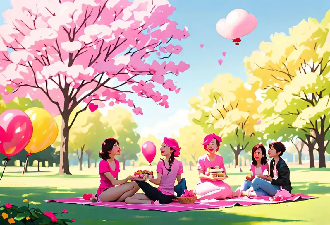 A group of friends wearing various shades of pink, enjoying a picnic in a beautiful park with balloons and flowers..
