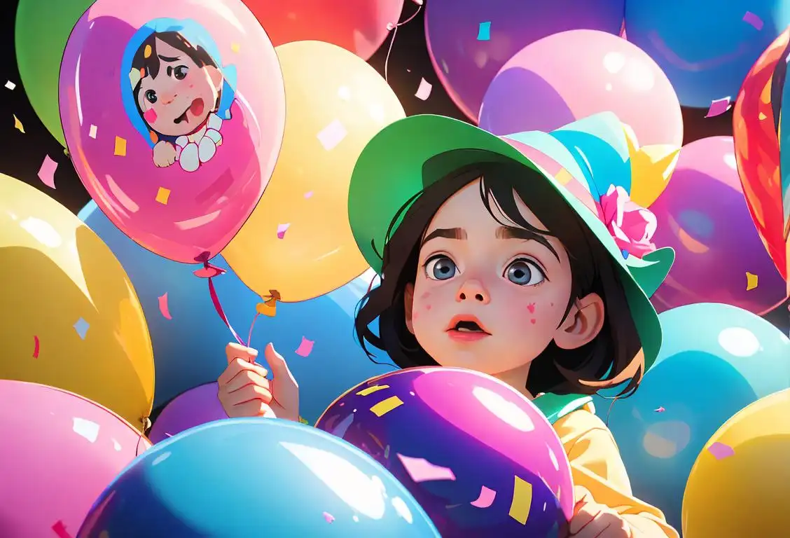 Child holding a bunch of balloons, wearing a party hat, surrounded by confetti and streamers..
