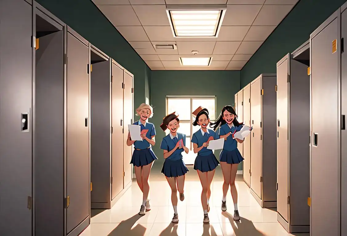 A group of smiling senior students in casual attire, surrounded by school lockers, embracing their newfound freedom..