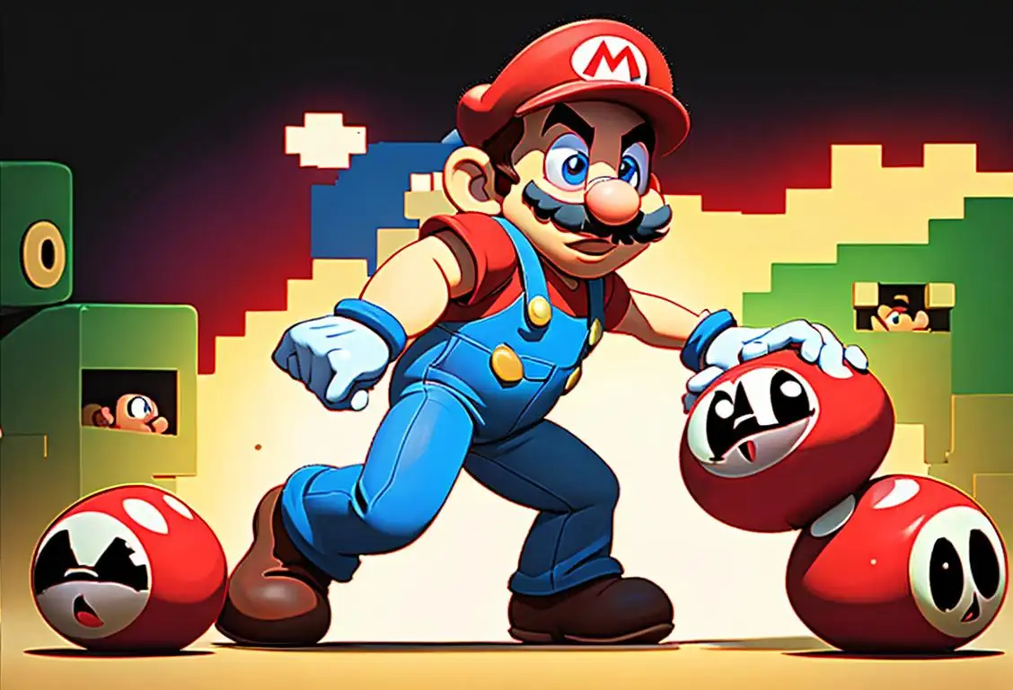 Mario in red plumber overalls, holding a controller, surrounded by colorful pixelated power-ups and jumping on Goombas. Retro gaming setup with vintage gaming posters in the background..
