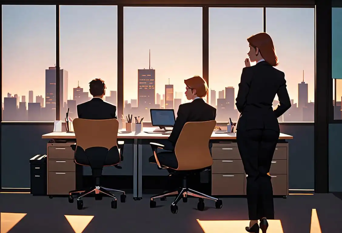 A diverse group of office workers, dressed in professional attire, working late in a modern office with city skyline view..
