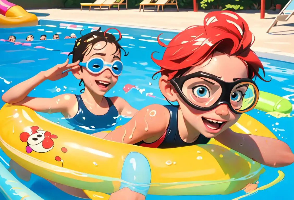 Happy kids wearing swimsuits, goggles, and floaties, splashing in a pool with colorful inflatable toys in a sunny, fun-filled water park..
