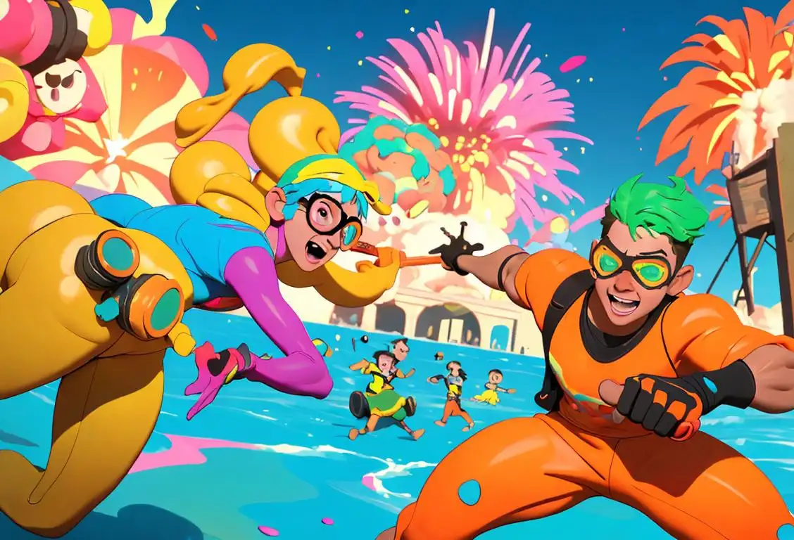 Young adults wearing safety goggles, wielding foam weapons, surrounded by colorful explosions, celebration-style outfits, outdoor park setting..