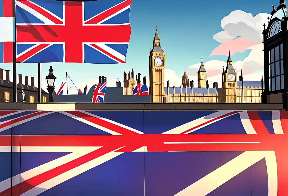 Illustration of people in London, raising national flags with a vibrant and colorful backdrop. Include individuals wearing stylish British fashion, surrounded by iconic London landmarks..