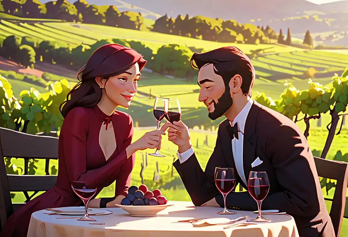 A happy couple toasting wine glasses at a vineyard, dressed in elegant attire, surrounded by picturesque rolling hills..
