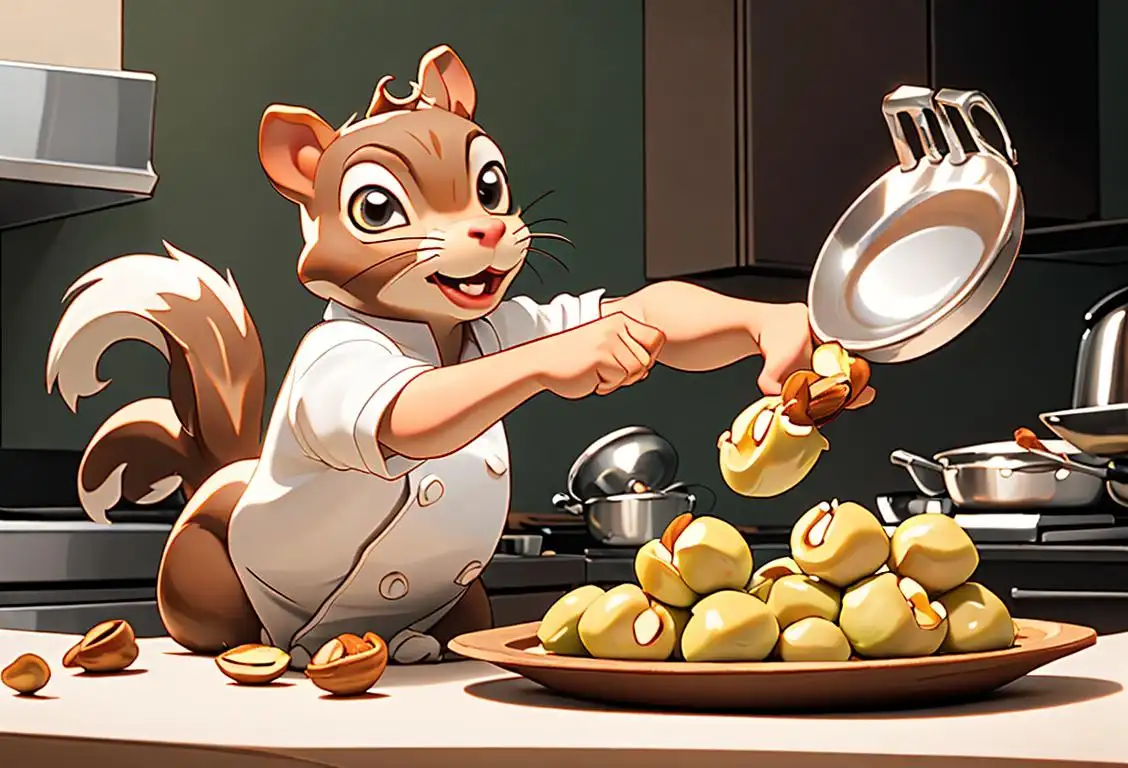 A joyful squirrel cracking open a macadamia nut, wearing a chef hat, kitchen scene with ingredients and utensils..