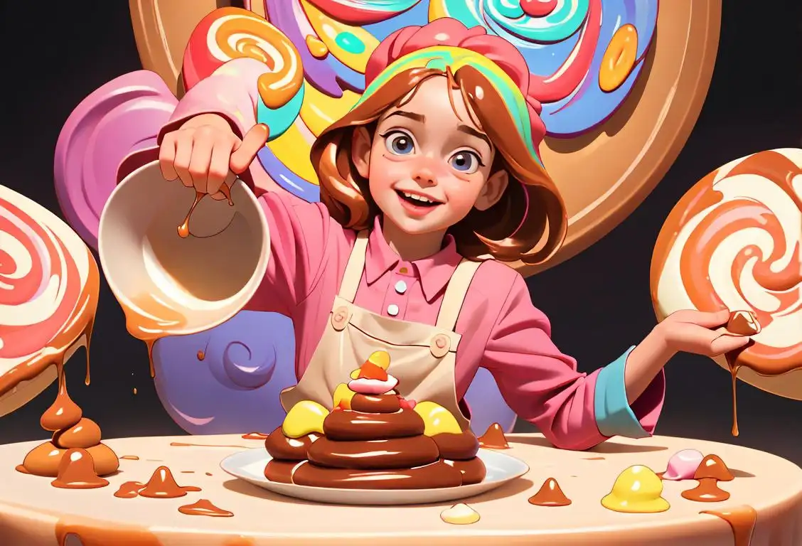 A joyful child, wearing a colorful apron, pouring velvety caramel over a tower of mouthwatering treats, surrounded by a whimsical candyland backdrop..