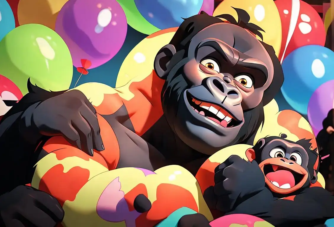 A playful person wearing a gorilla suit, surrounded by laughing friends and colorful confetti, in a lively, festive atmosphere..