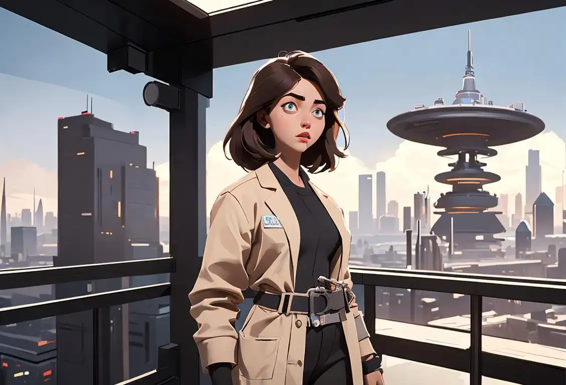 Young woman with a toolbelt, wearing a lab coat, futuristic cityscape backdrop, brainstorming innovative ideas..