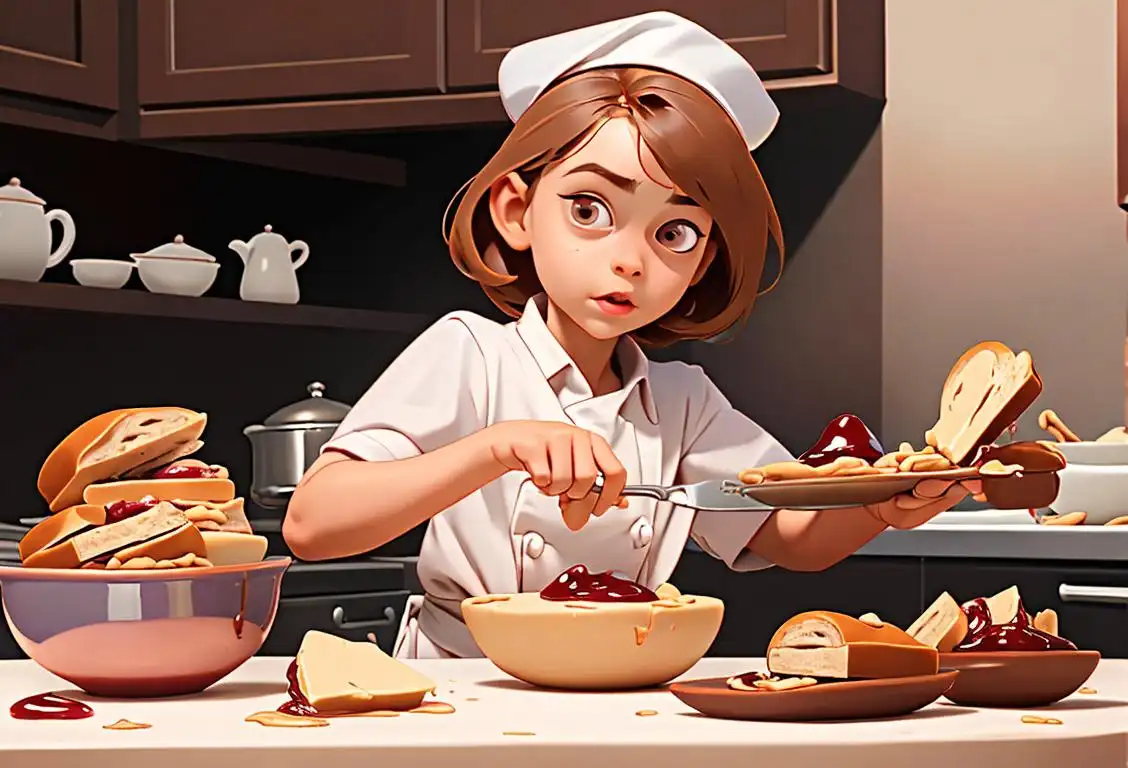 Young child spreading peanut butter and jelly on bread, wearing a chef hat, kitchen setting with colorful mixing bowls and utensils..