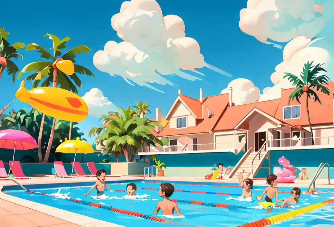 Happy children splashing in a swimming pool, wearing colorful swimwear, surrounded by palm trees and inflatable toys..