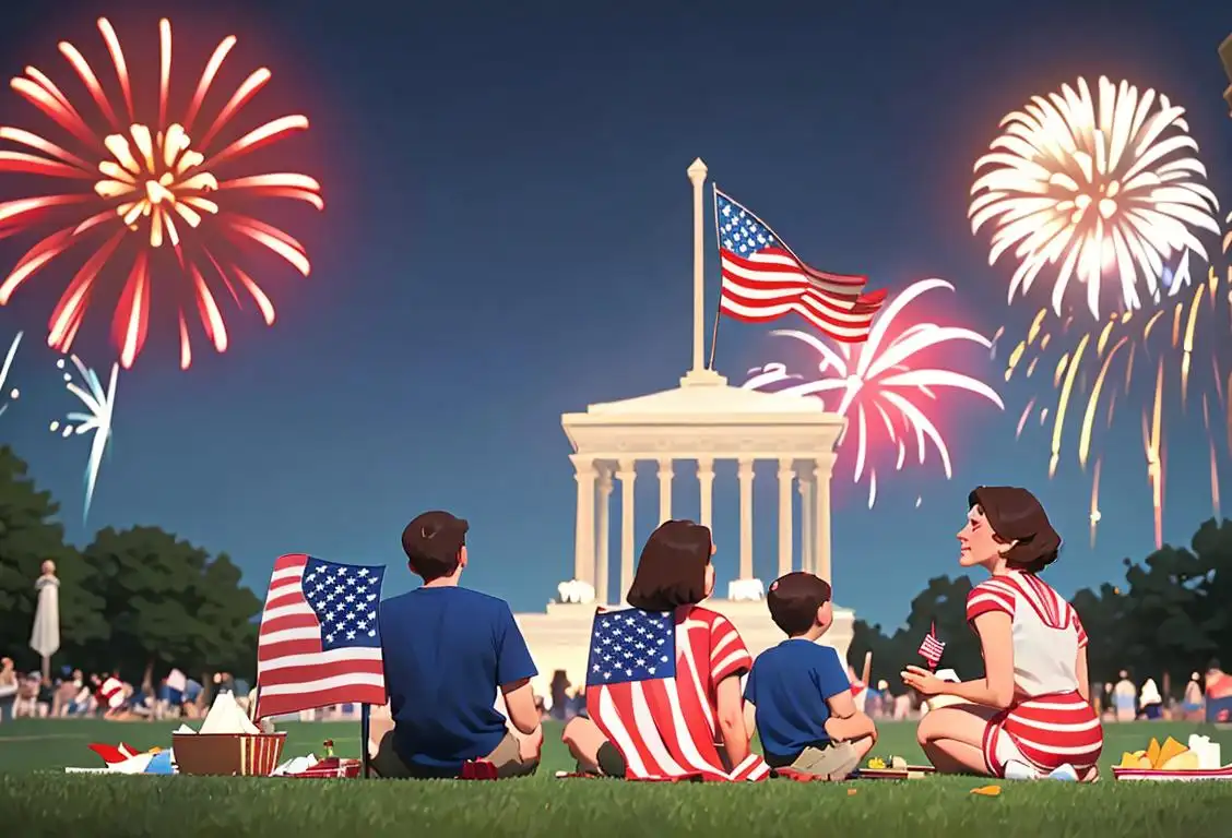 Families holding American flags, wearing red, white, and blue attire, enjoying fireworks and picnic on the National Mall..