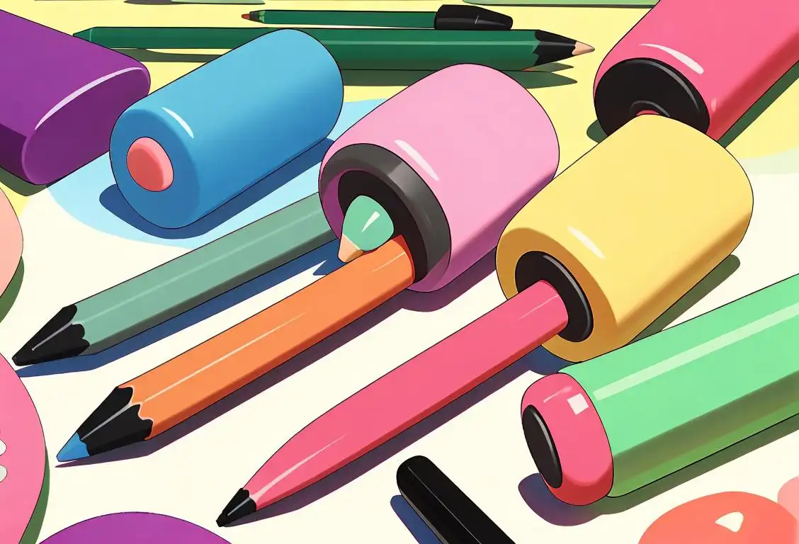 Colorful rubber erasers in various shapes and sizes, surrounded by pencils, in a playful and imaginative classroom setting..