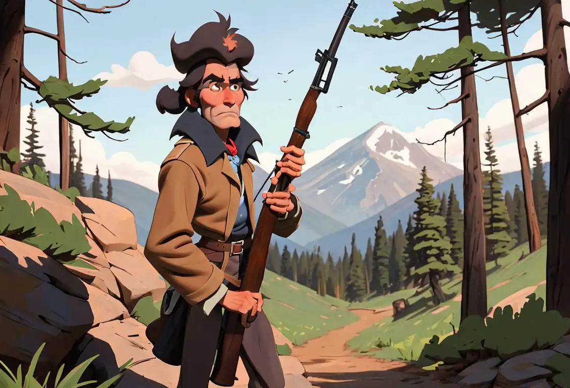 Daniel Boone standing tall in his coonskin cap, exploring the wild frontier with his trusty rifle and adventurous spirit..