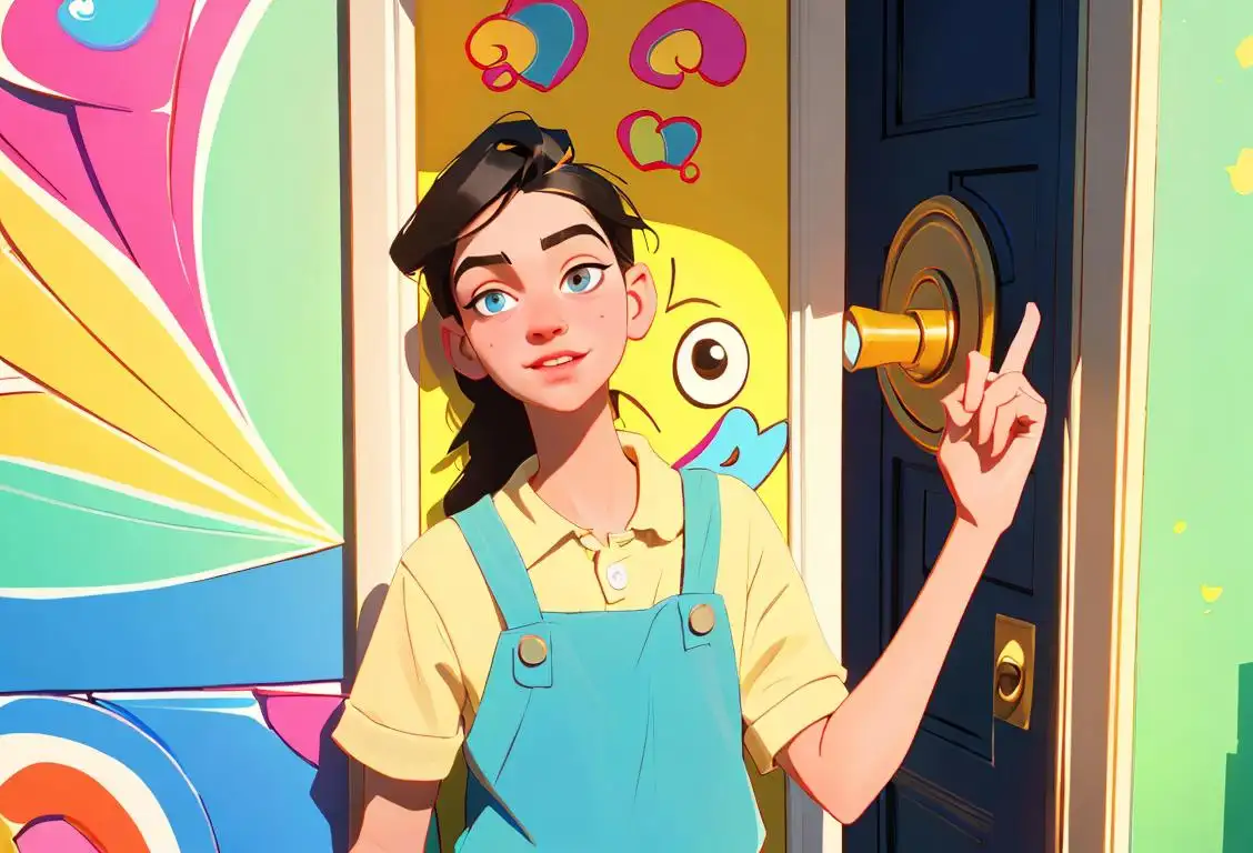 Young person in casual attire, knocking on a colorful front door, surrounded by playful decor, sunny suburban neighborhood..