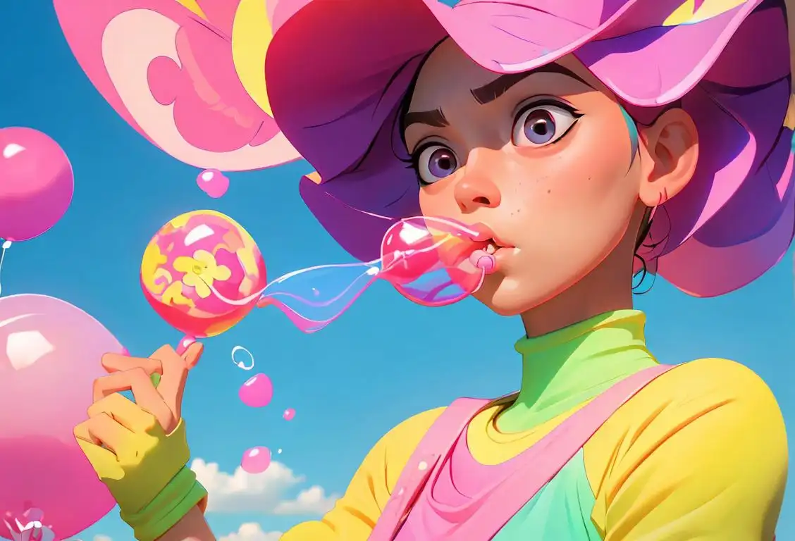 A person blowing a large bubblegum bubble while wearing a colorful outfit, surrounded by a park full of playful children..