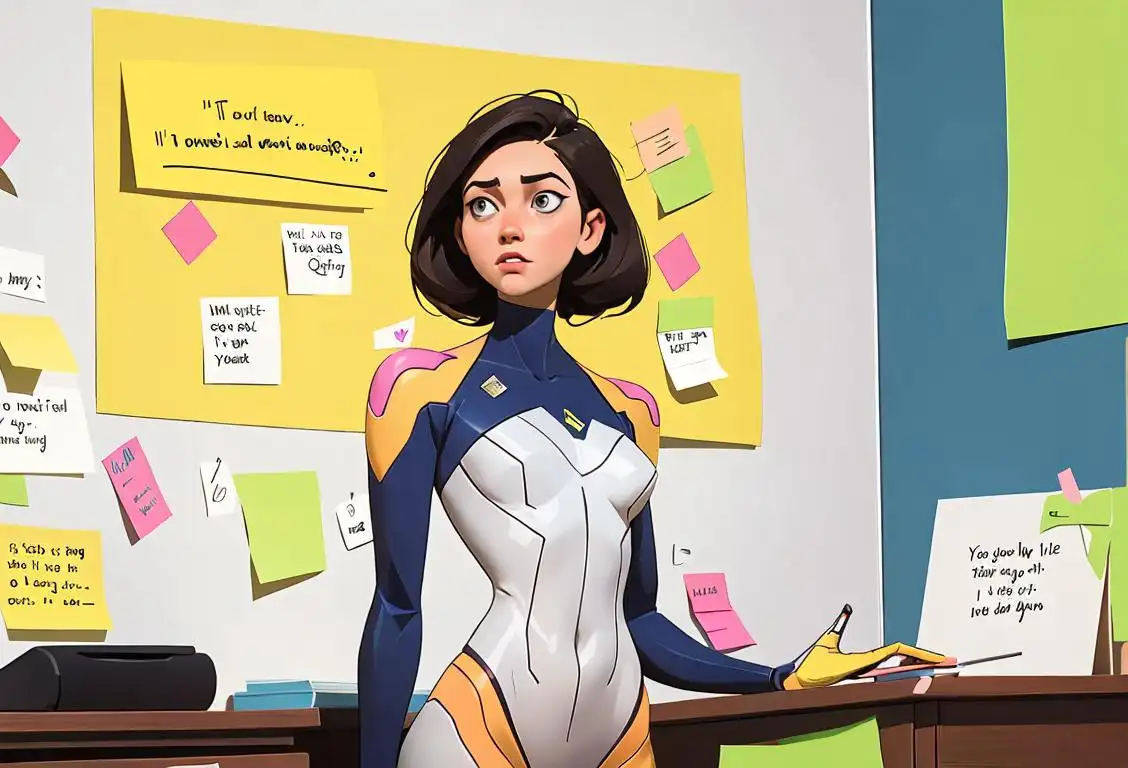 Young professional woman, wearing a power suit, standing confidently in a modern office, surrounded by motivational quotes and colorful post-it notes..