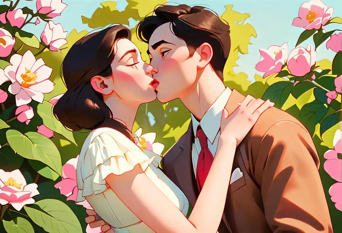 Young couple sharing a tender kiss in a picturesque park, dressed in vintage-style clothing, surrounded by blooming flowers and vibrant nature..