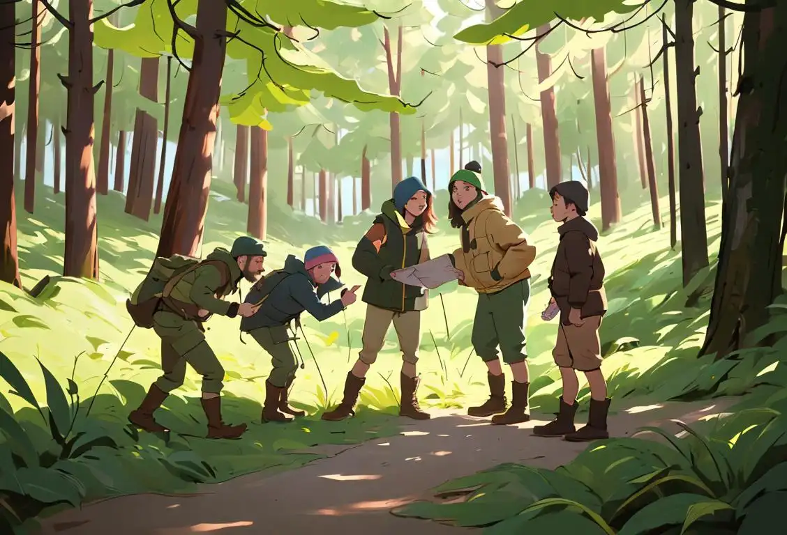 A diverse group of people huddled together, seemingly lost, surrounded by a forest, wearing mismatched clothing, adventurous outdoor scene, compass and map on the ground..