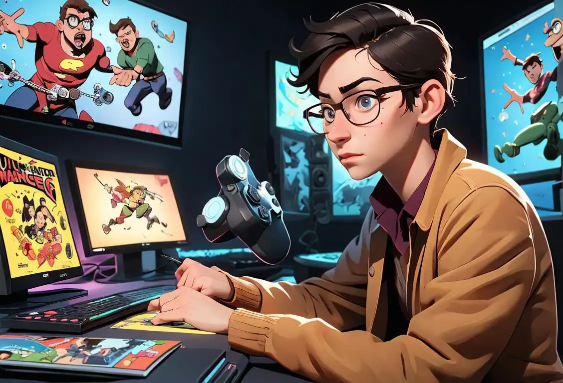 Young adult wearing glasses, holding a game controller, surrounded by comic books and computer monitors.