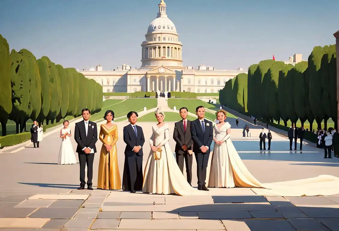 A diverse group of people, dressed in elegant attire, exchanging respectful and kind gestures, surrounded by a background of beautiful landmarks..