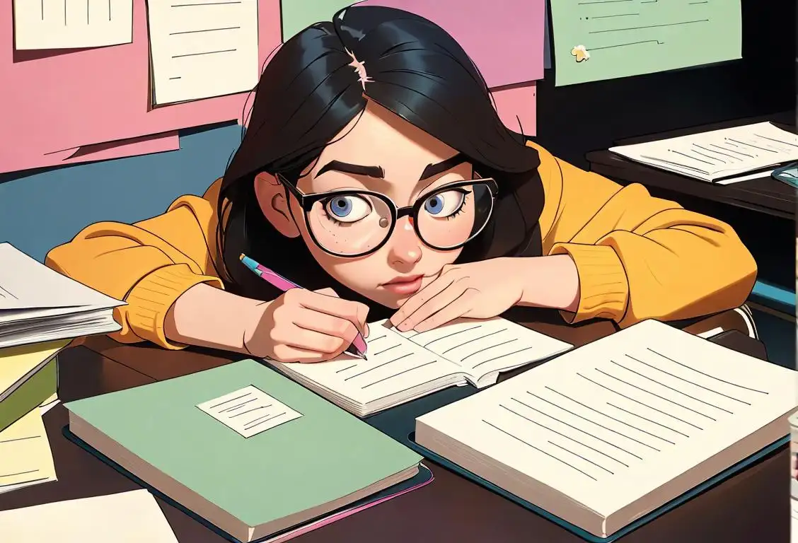 A person sits at a desk, holding a notebook with colorful covers, wearing glasses, surrounded by whimsical stationery..