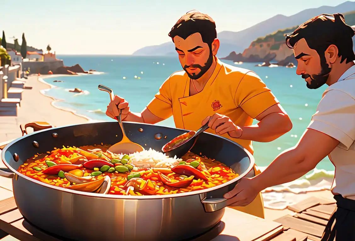 Chefs stirring a huge simmering pot of saffron-infused rice, surrounded by vibrant Mediterranean colors and a coastal backdrop..