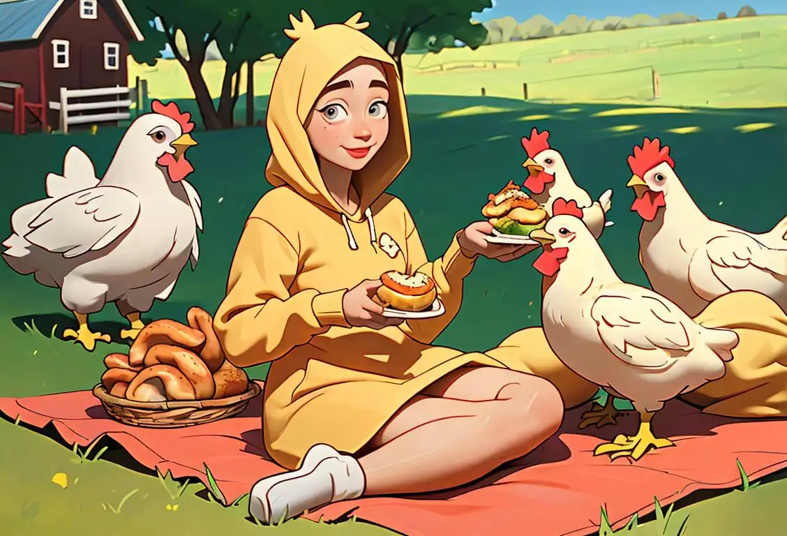 Young girl in a chicken costume, enjoying a chicken ring picnic on a sunny farm, surrounded by happy farm animals..