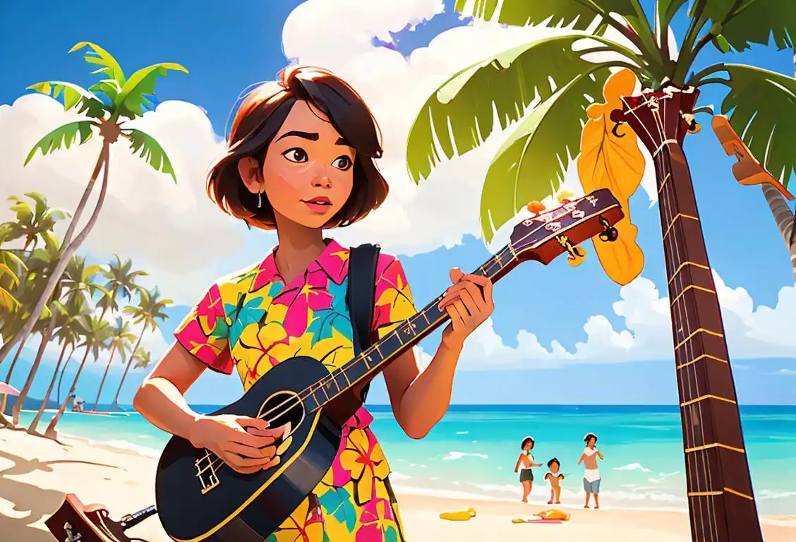 A person dressed in Hawaiian attire, strumming a ukulele on a sunny beach surrounded by palm trees and colorful flowers..