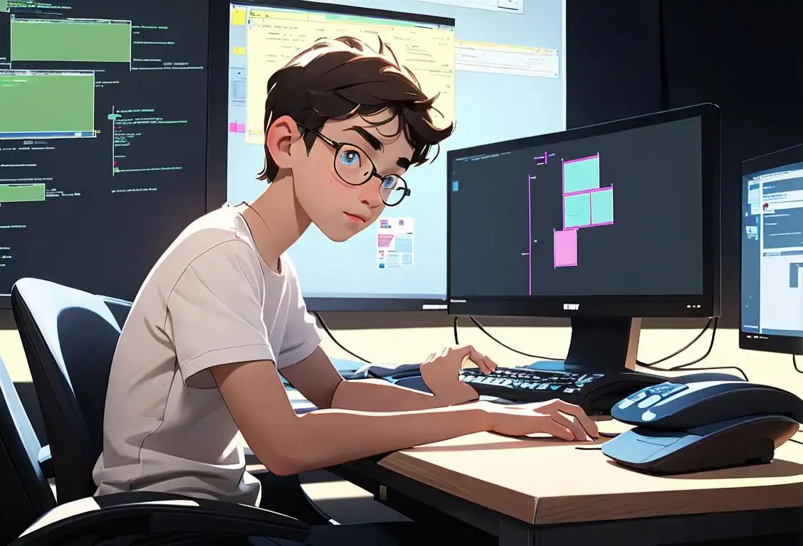 A young person wearing a coding-themed t-shirt, sitting at a desk with a keyboard, surrounded by computer screens with lines of code, highlighting the wonder of programming..