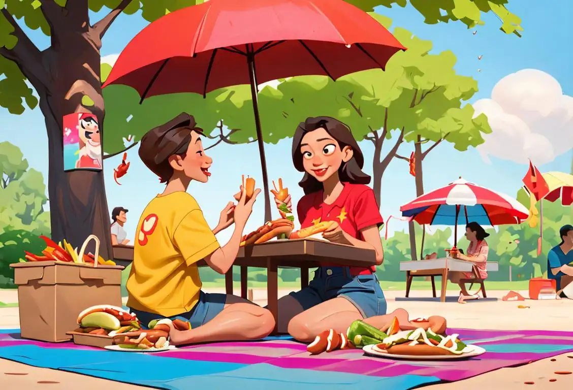 Delightful scene at the park on National Weiner Day, featuring people enjoying hot dogs with creative toppings such as kimchi and wasabi mayo, wearing summer clothes, outdoor picnic setting..