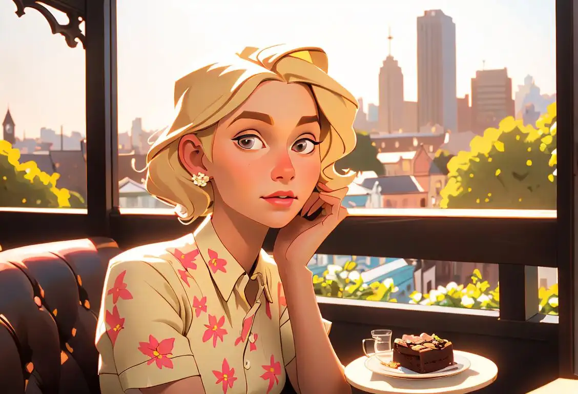 Young woman enjoying a blonde brownie in a sunlit café, wearing a floral dress, vintage style, with a classic cityscape in the background..