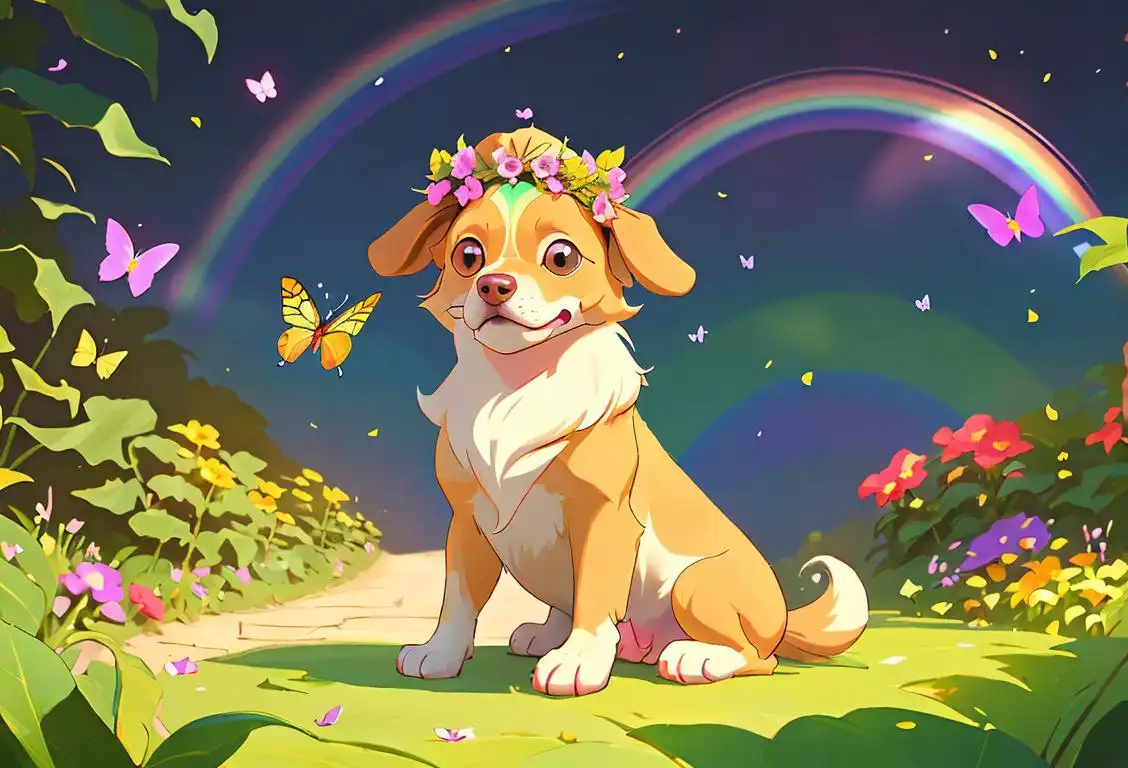 Cute dog with a flower crown, sitting in a serene garden surrounded by butterflies and a rainbow..