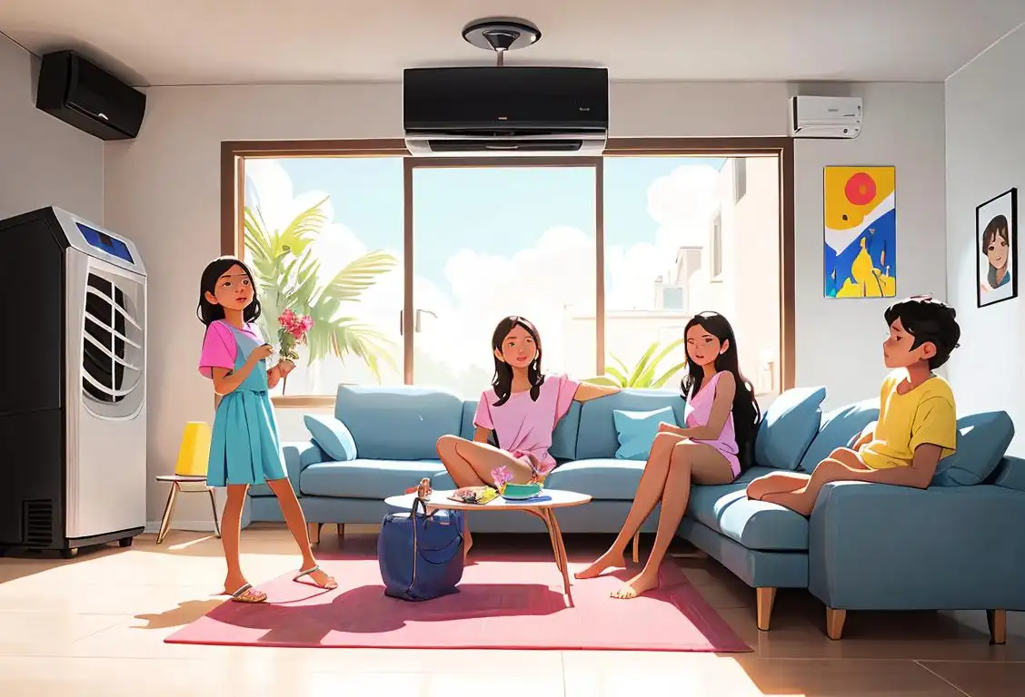 A diverse group of people enjoying the cool breeze from an air conditioner, dressed in summer outfits, in a modern living room..