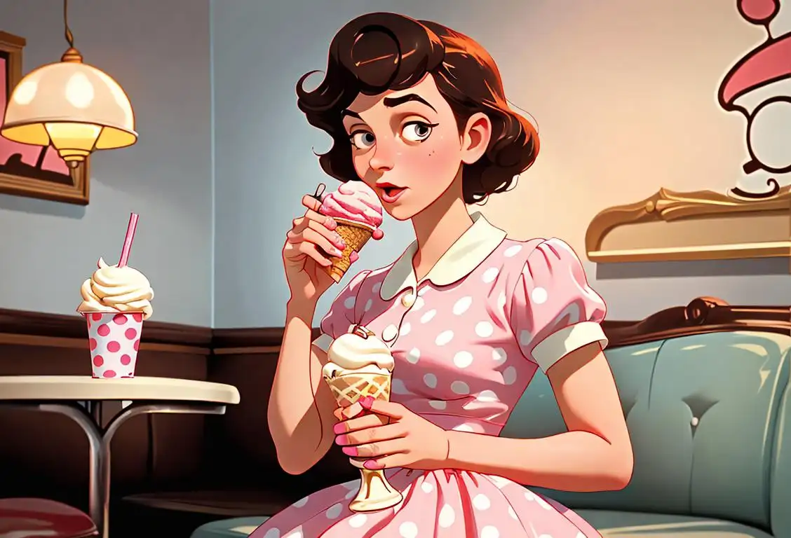 Young person enjoying an ice cream soda in a retro diner, wearing a polka dot dress, vintage fashion, 1950s soda shop ambiance..