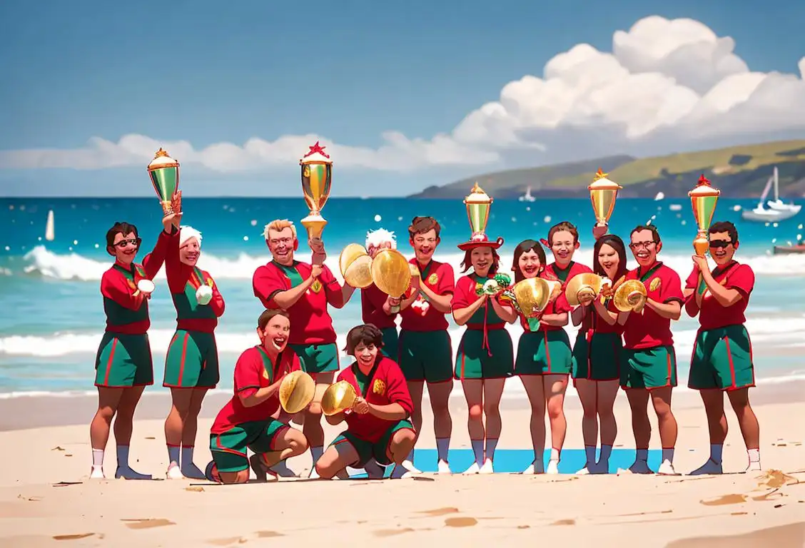 Group of people in festive attire, cheering and holding trophies, on a beautiful beach in Pwllheli, GBR..