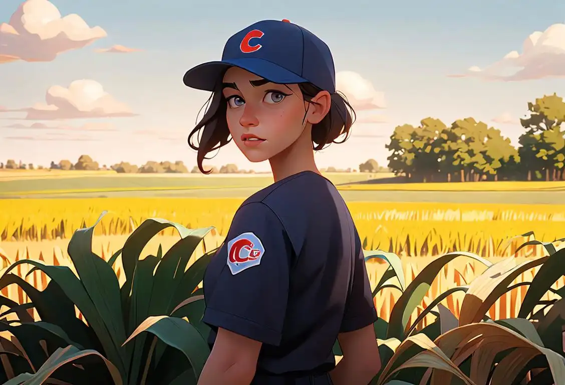 Young woman exploring an Illinois cornfield, wearing a Chicago Cubs baseball cap, Midwest fashion, scenic rural landscape..