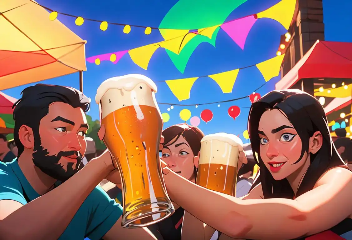 Group of friends enjoying a variety of beers at a lively outdoor beer festival, with colorful decorations and festive attire..