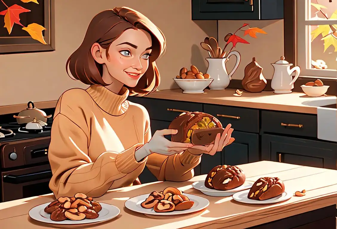 Joyful person holding a loaf of date nut bread, wearing a cozy sweater, surrounded by autumn leaves and a warm, inviting kitchen..
