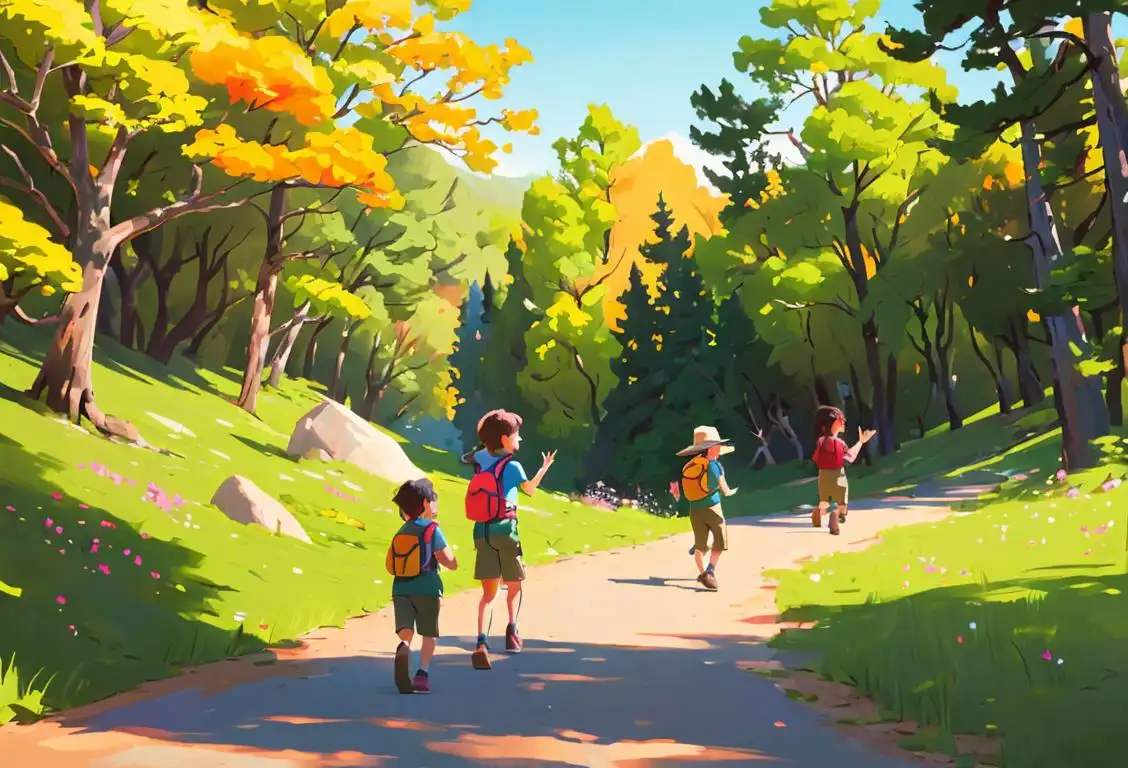 Family hiking through a scenic national park, wearing colorful outdoor gear, surrounded by breathtaking nature, children excitedly pointing out wildlife and plants..