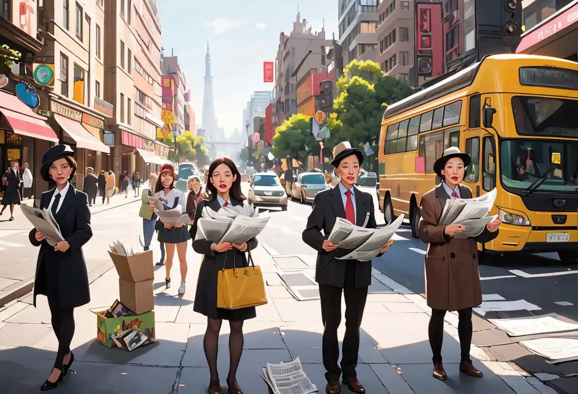 A diverse group of people holding newspapers, dressed in different fashion styles, in a bustling city street..