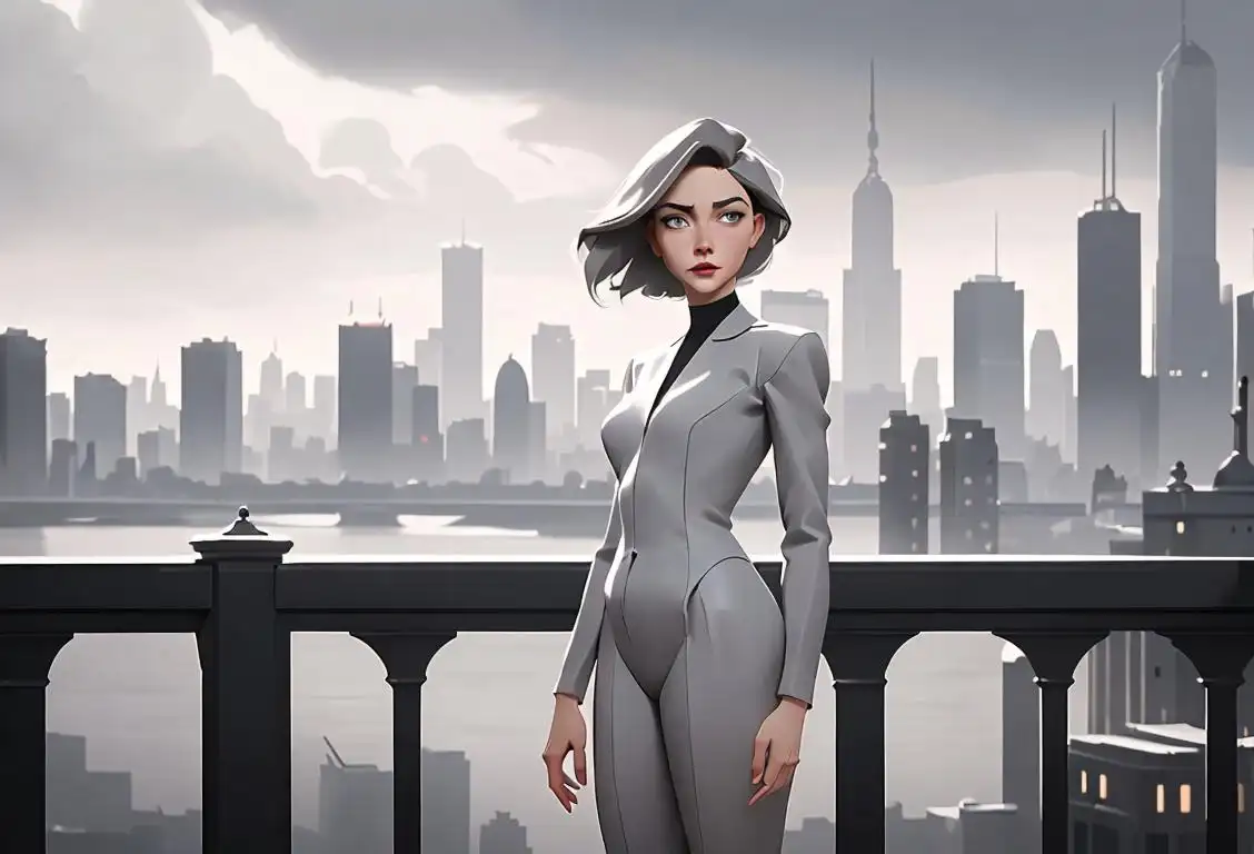 Elegant woman surrounded by various shades of grey, wearing a classic grey suit, sophisticated city skyline in the background..