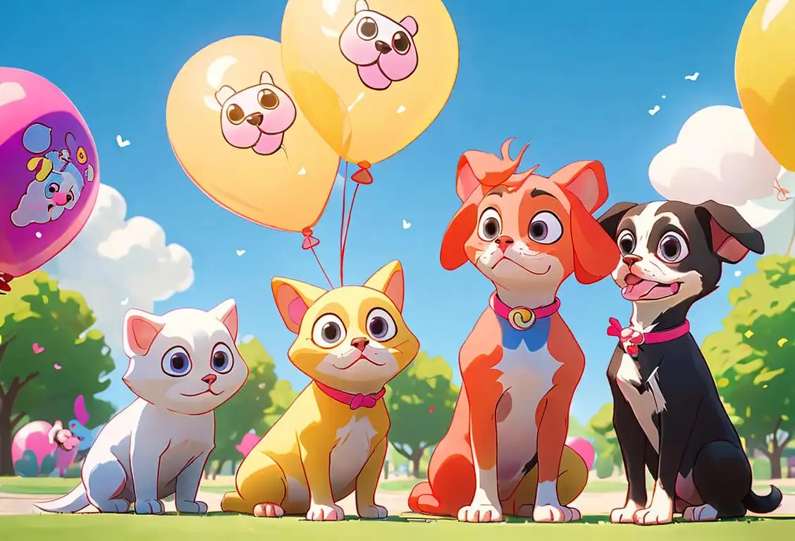 A group of siblings and their adorable pets posing together, wearing matching outfits and surrounded by colorful balloons, in a sunny park..
